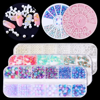 

Pearl 3D Nail Art Decorations in Wheel Mixed Size Multi Color Flatback AB Gradient Jewelry Decoration Nails Accessories