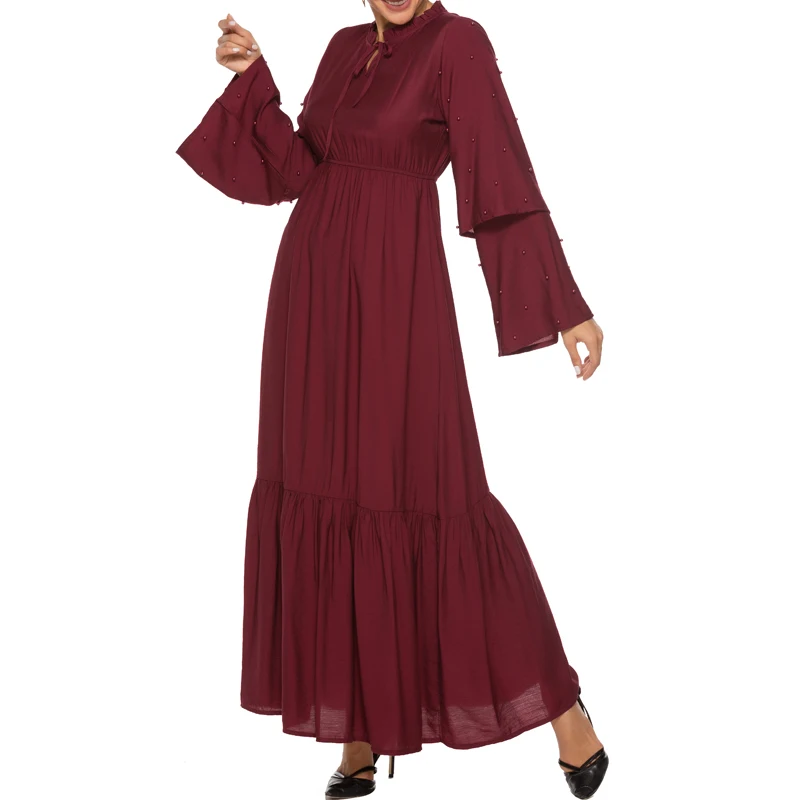 MISSJOY Elegant High Waist Abaya Turkish Dress Women Muslim Solid Color Ruffle Flare Sleeve Diamond Islamic Clothing Casual