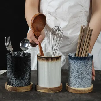 

1PCS Creative draining chopsticks tube ceramic household large storage tank chopsticks spoon fruit knife and fork storage bucket