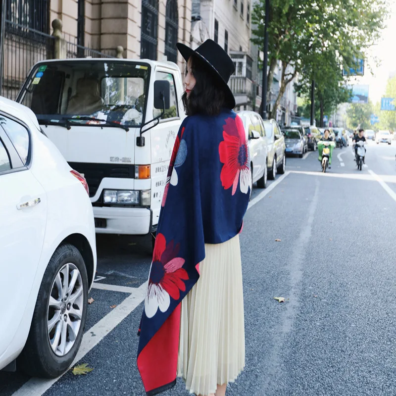 

2019 Winter Scarf Women Multifunctional Two-side Sun Flower Imitation Cashmere Scarf ,Thick Warm Ethnic Style Shawl Female Scarf