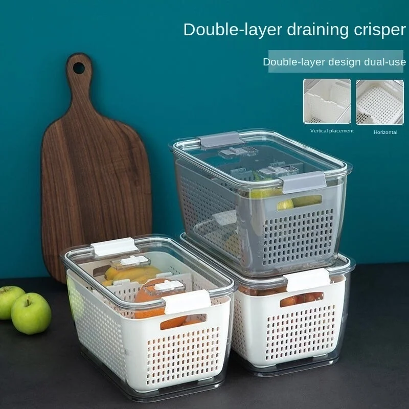 New Refrigerator Fresh Box Creative Drain Fruit And Vegetable Storage Box Double Sealed Kitchen Drain Basket
