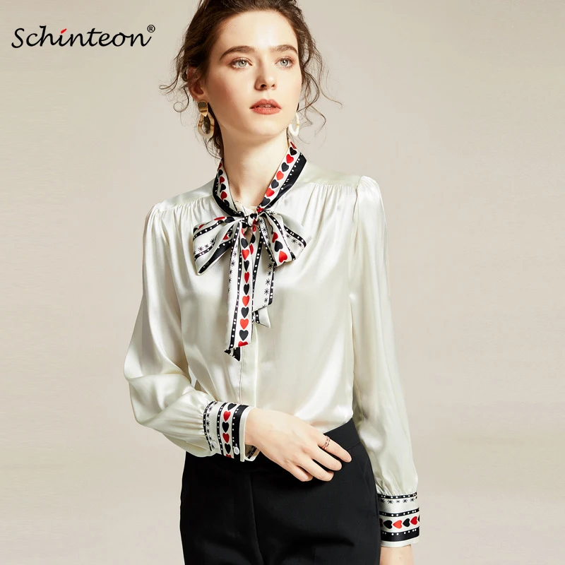 Schinteon, Весенняя женская блузка, 97% натуральный шелк, Воротник бабочка, длинный рукав, пэчворк, элегантная рубашка, Топ