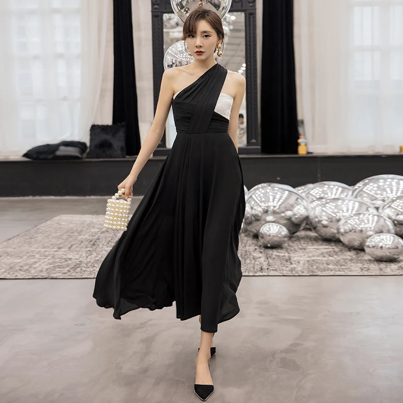 

YIGELILA fashion Summer Patchwork Dress A-line One-shoulder Sleeveless Mid-calf Simplr For Dinner Party Dress 65079