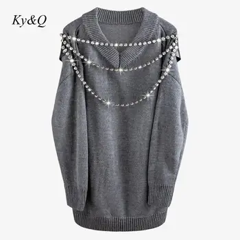 

High Quality Chic Gray 2020 New Winter Women Pullover Layered Rhinestone Two Tassel Patchwork Long-sleeved Loose Sweater Clothes