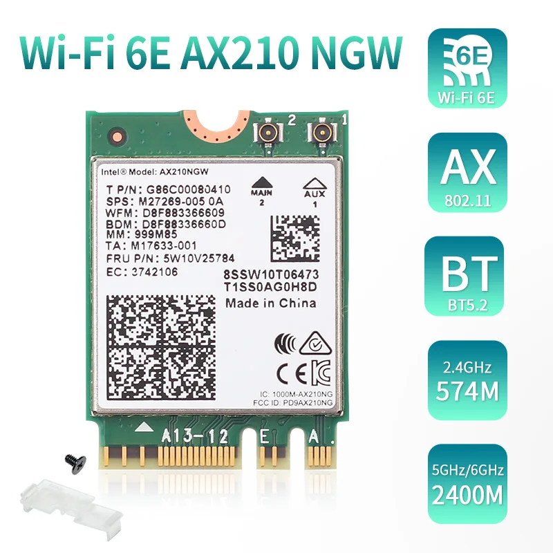 

Intel AX210NGW 3000 Мбит/с Wi-Fi 6E двухдиапазонный 2,4 ГГц/5 ГГц/6 ГГц 802.11AC/AX Bluetooth-compatible5.2 Беспроводная M.2 NGFF Wlan Wi-Fi карта