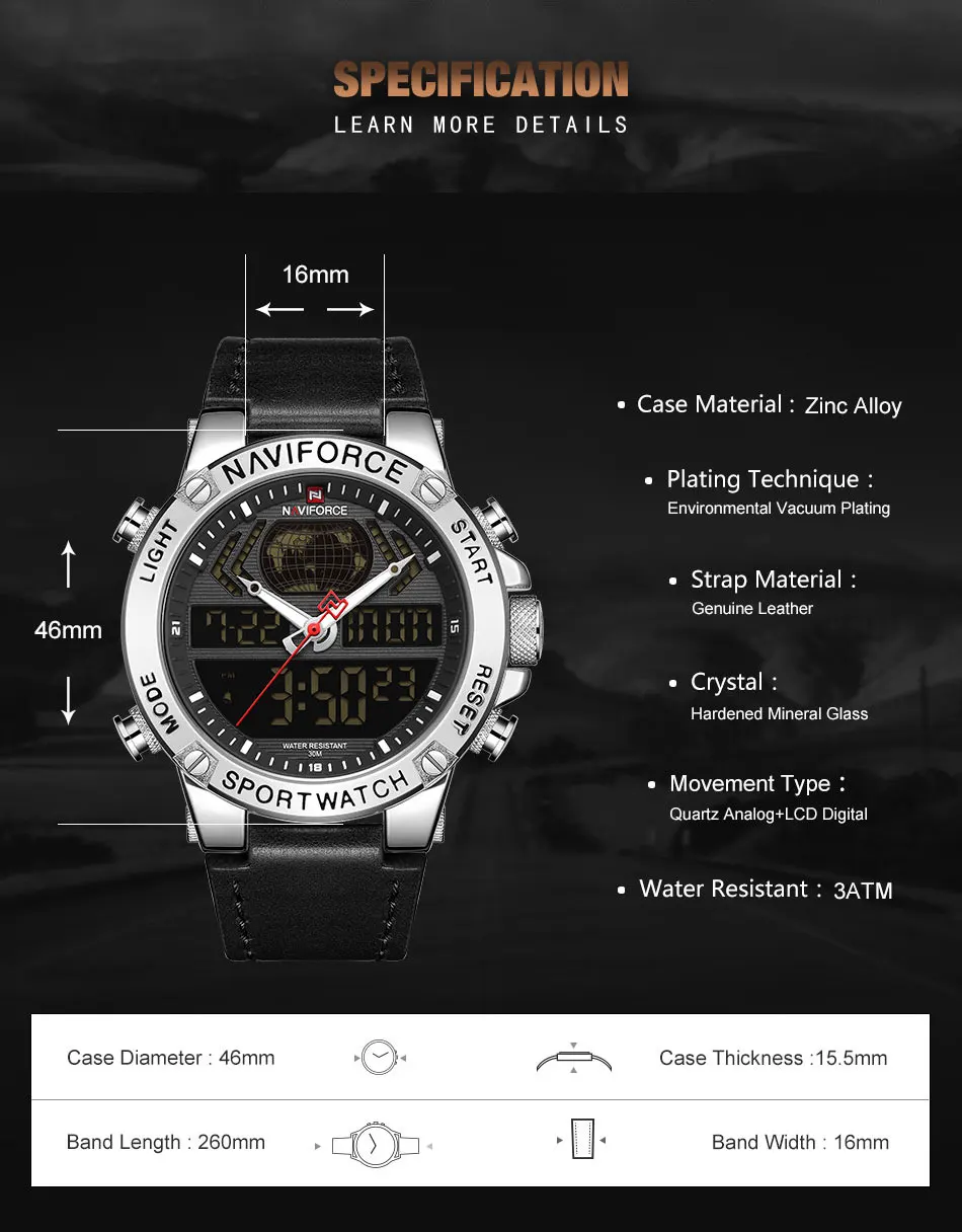 Топ люксовый бренд NAVIFORCE мужские модные спортивные часы мужские кожаные водонепроницаемые кварцевые наручные часы Военные аналоговые цифровые часы