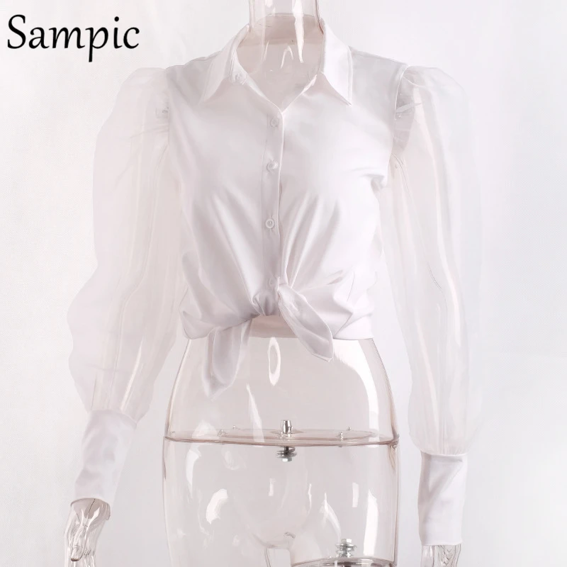 Sampic повседневные белые пышные с длинным рукавом прозрачные сетчатые Женские топы и блузки свободные элегантные отложной воротник блузка рубашка осень