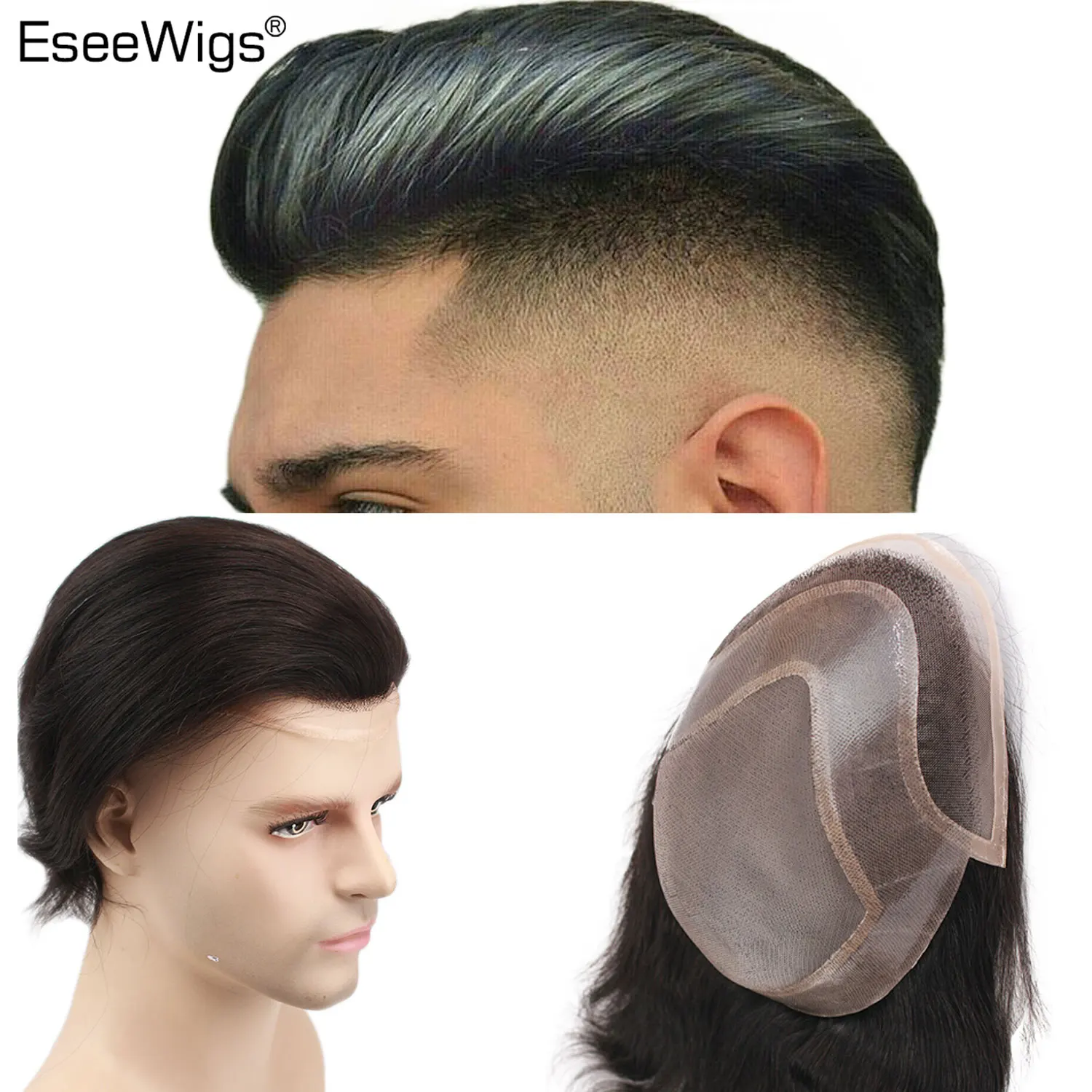 Eseewigs прямой парик цвет 1B человеческие волосы PU с Кружево для мужчин's бразильский волосы Remy системы замещения волос шиньон