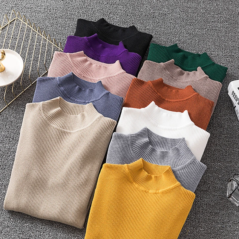 

Turtleneck Womens Knitted Sweater Solid Women High Neck Pullover Sweater Autumn Winter Casual Slim Basic Vintage Knit Tops