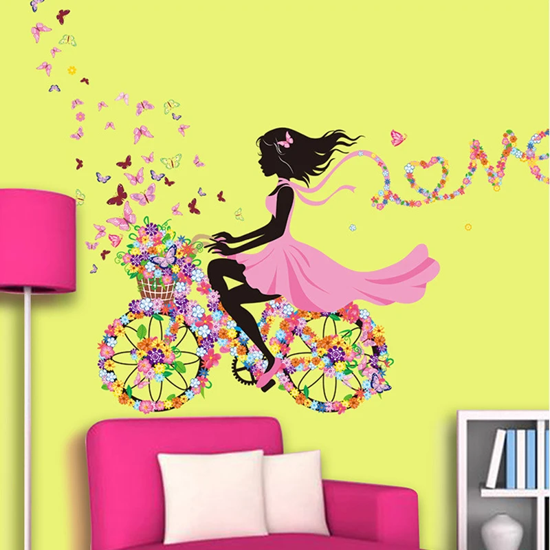 Wall Stickers 3d butterfly bike girl wall sticker home decoration removable flower bicycle wall decal for living room