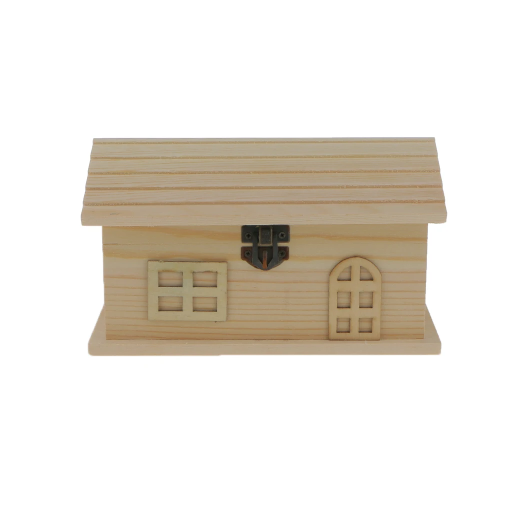 Unfinished Wooden House Shape Piggy Bank Jewelry Storage Box DIY Kids Crafts