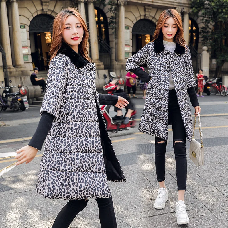 

Rex Rabbit Fur Fold-down Collar Thousands of Birds Leopord Pattern Mid-length down Cotton Coat Women's Versatile Fashion Cotton