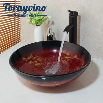 

Torayvino US Hand Painted Glass Basin Sink Countertop Basin Sink Faucet Set Washbasin Sink Round Bowl & ORB Bathroom Faucet