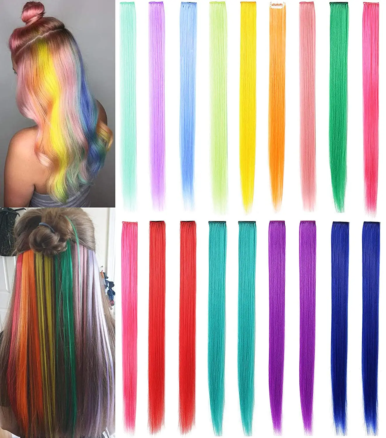 Leeons-extensiones de cabello sintético para mujer, largo y recto, con Clip de alta temperatura, color morado, rosa, rojo, azul y rosa