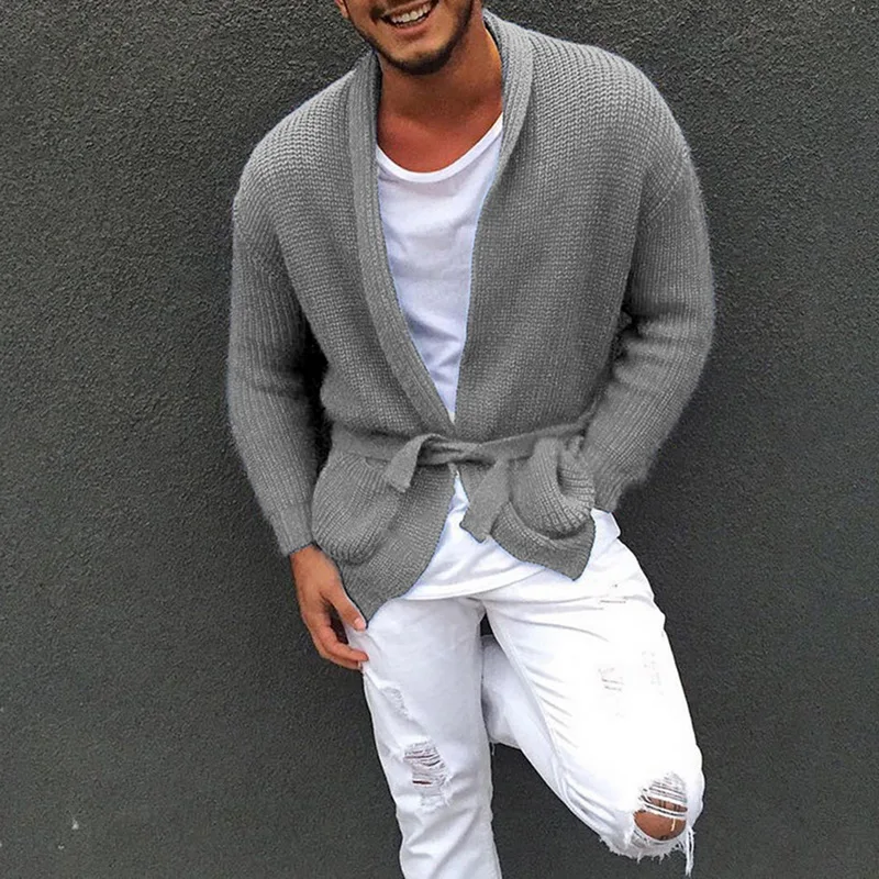 Men's Fashion Solid Color Long Sleeve Knitted Cardigans Males Shawl Collar Loose Slim Fit Lace Up Casual Sweater Coats New