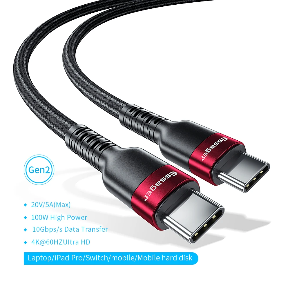 Кабель Essager type-C-USB C Quick Charge 4,0 QC 3,0 USB 3,1 кабель для Xiaomi Redmi Note 8 7 100 Вт PD USBC провод для MacBook Pro - Цвет: Red Gen 2 100W