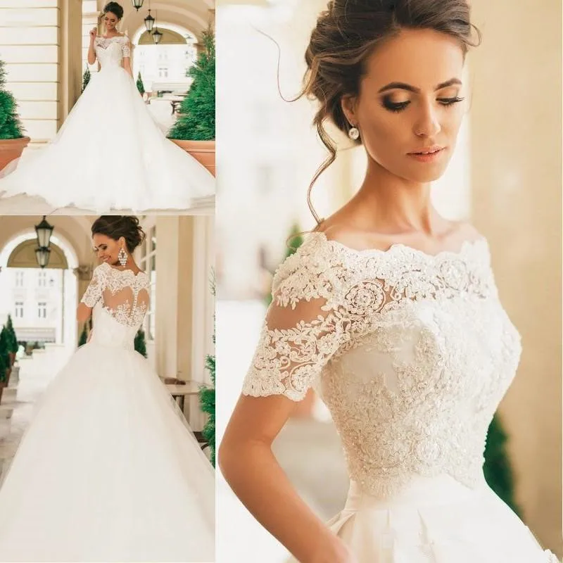 Robe De Mariage Рубашка с короткими рукавами Свадебные платья Lace аппликации с жемчугом Свадебные платья Тюль вырез Винтаж кружева садовый, церковный свадебные платья
