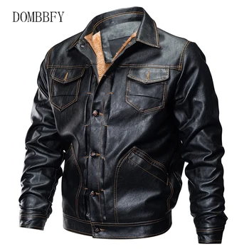 

Winter Motorcycle Pilot Leather Jacket Men Bomber Military Coat Multi-Pocket Thick Warm PU Faux Leather Windbreaker Jacket 5XL