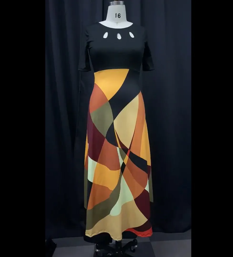 Evening Party Summer Maxi Dress Women Short Sleeve Floral Yellow& Black Elegant A-line Large Dress For Ladies with pocket