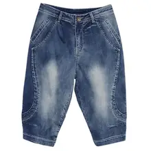 Летние женские джинсы размера плюс, модные однотонные синие джинсы 7 Капри, Женские винтажные Свободные повседневные джинсы, узкие джинсовые штаны