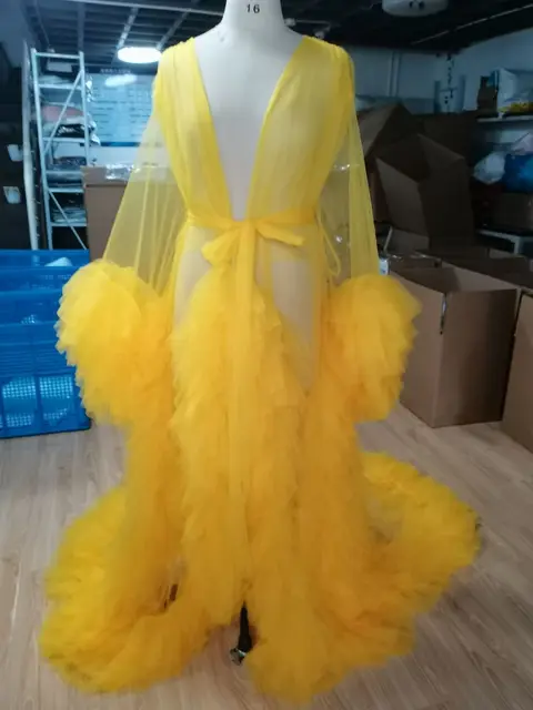Unique Prom Dresses Custom Made Tulle Maternity Robes Women Photoshoot Evening Gowns Fluffy Tiered Tulle Robe Formal Party Dress Yellow