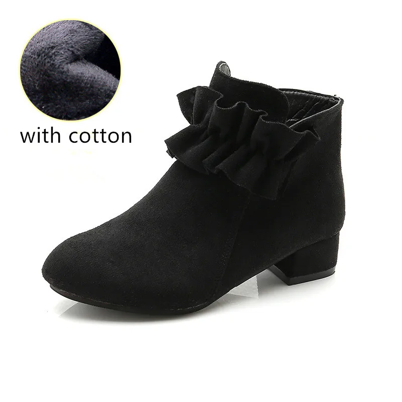 black with cotton Детская обувь; модные ботинки для девочек осень-зима Новые детские, на высоком каблуке; туфли принцессы с бантом; сапоги с оборками, теплые, для детей, по щиколотку - Цвет: black with cotton