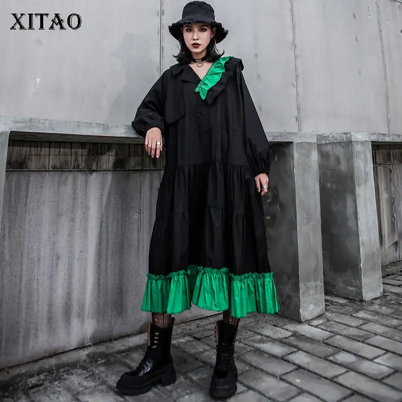 

XITAO Hit Color Patchwork Agaric Lace Pleated Dress Women Clothes 2019 Fashion V Neck Full Sleeve Plus Size Dress New WLD2459