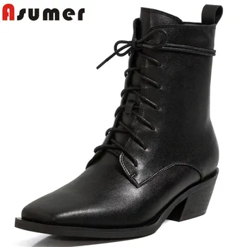

Asumer genuine leather shoes 2021 western boots women thick heel casual shoes lace up square toe fashion ankle boots woman