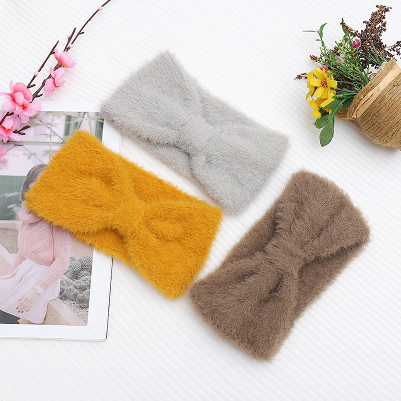 CN Knot Warm Ear Mink Fur Headbands Solid Cross Winter Hairbands For Womens Girls Daily Headband Elastic Turban Hair Accessories
