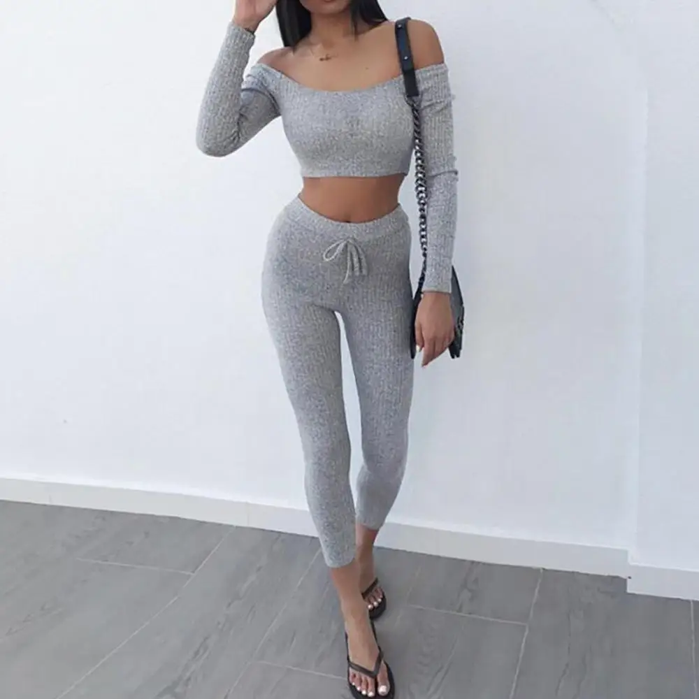

Ladies Sexy Suit Fashion Womens Long Sleeve Off Shoulder Casual Bandage Tops Sexy Long Pants Set Outdoor Sport Suit Clothing