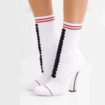 

Ladies Stretch Knitting Cloth Strange Heels Ankle Boots Stripe Slip on Sock Boots Fashion Women Street Short Bottines