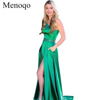 

One Shoulder Green Evening Dresses Beaded Waistlband Long Satin Party Gowns with Side Slit A-line Women Dress
