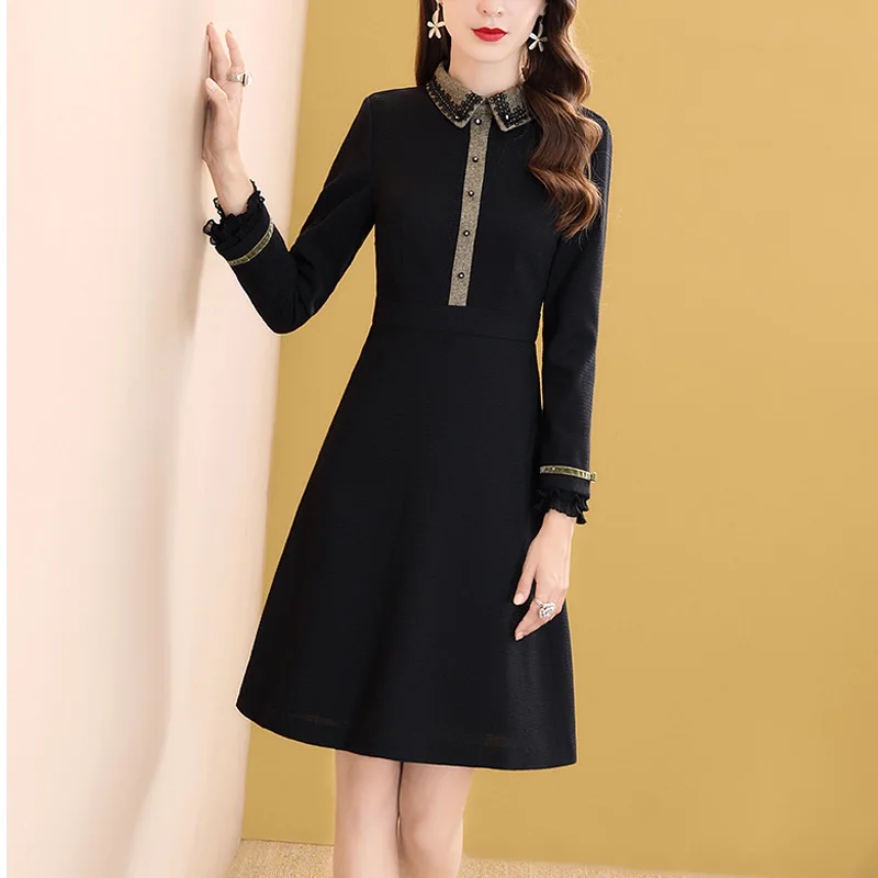 

Europe And America Black And White with Pattern Elegant Base Dress Women's Spring Mid-length 2020 New Style Slimming Long Sleeve