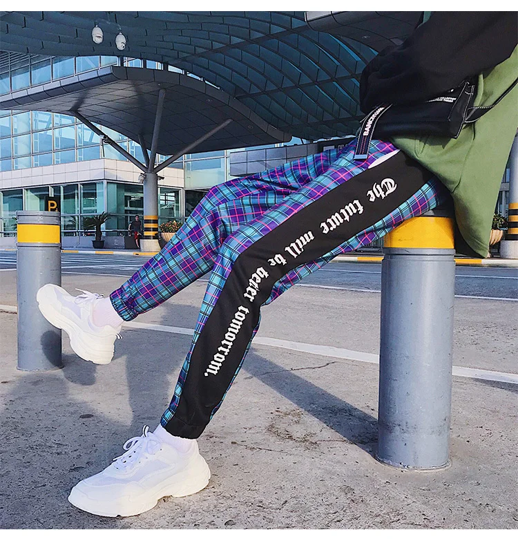 Liketkit Мужские штаны для бега, уличная одежда, мужские лоскутные хлопковые синие спортивные штаны в стиле хип-хоп, мужские клетчатые брюки длиной до щиколотки INS