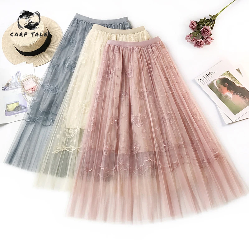

Korean Women's Embroidery Skirt 2019 Spring New Transparent Comfortable Small Fresh Dandelion Embroidery Skirt Pleated Skirt