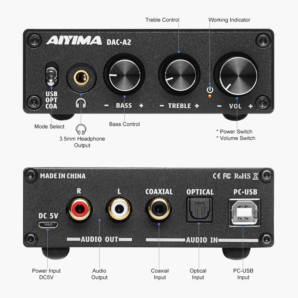 Аудио декодер AIYIMA волоконно коаксиальный USB низкие частоты регулировка ЦАП с