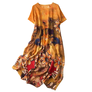 

Prairie Chic Print dress with short sleeve vestidos etnicos casual O-Neck Mid-Calf 100% natural silk vestidos de festa longo