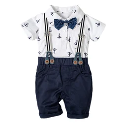 Baby Cotton Anchor Print Romper with Strap Shorts and Bow Tie for 18-24M (KB8158)