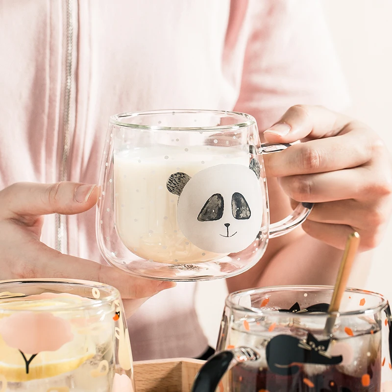 JINYOUJIA-Cute Animal Glass Mugs, Double Layer Wall, Heat Resistance Cup,  Milk, Coffee, Tea, Juice, Valentine's