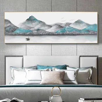 

Chinese Blue Banner Style Mountains Painting Canvas Posters Prints Cuadros Wall Art Pictures For Living Room Bedroom Decoration