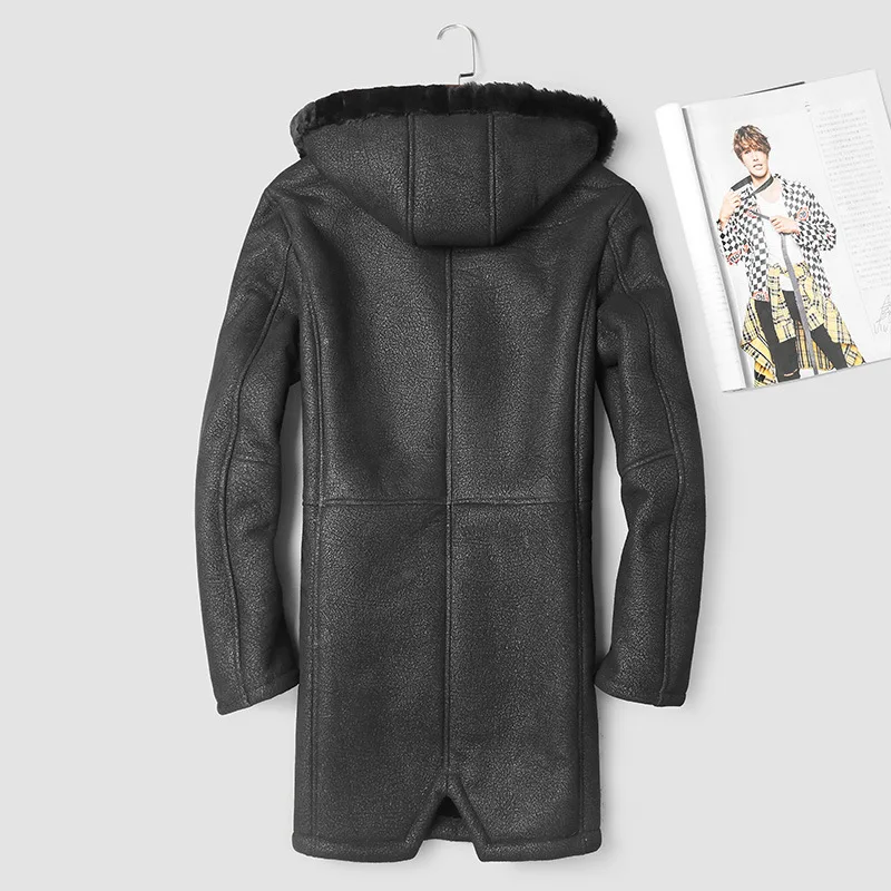 

Men's Genuine Leather Jacket Winter Sheep Shearling Jacket Men Hooded Long Real Wool Fur Coat 2020 17025-1 KJ2998