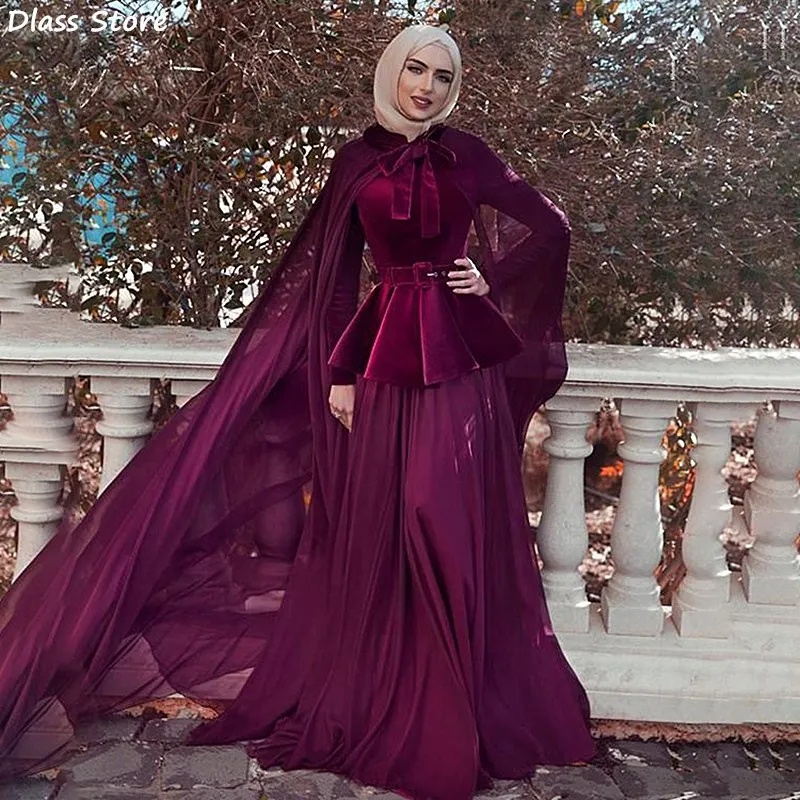 

Dark Grape Purple Evening Dress A-line Chiffon Long Sleeves Muslim Floor Length Elegant Cape Prom Dress  