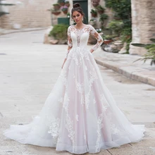 White Luxury Wedding Dress Long Sleeve Lace Ball Gown O-neck 3D Flower Bridal Dresses Court Train Custom Made Wedding Gown