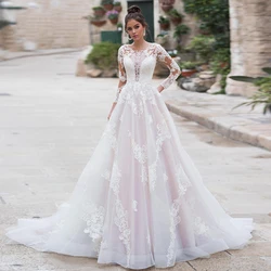 White Luxury Wedding Dress Long Sleeve Lace Ball Gown O-neck 3D Flower Bridal Dresses Court Train Custom Made Wedding Gown
