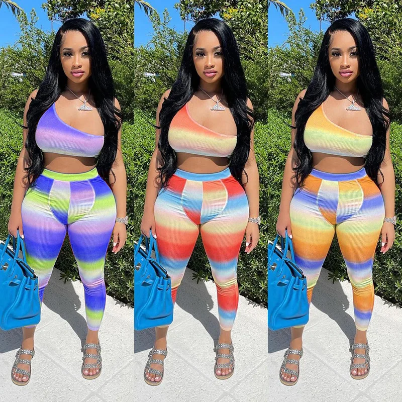 

fall clothes for women Rainbow sexy tights pants and one shoulder crop tank top vest knit bodysuit streetwear 2 piece short set