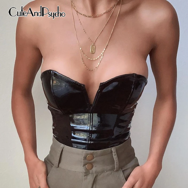 Без бретелек обтянутая кожей Топ Для женщин Bodycon чёрные майки, сексуальные женские сапоги на молнии, сексуальный обрезанный Топ Узкие однотонные Cuteandpsycho