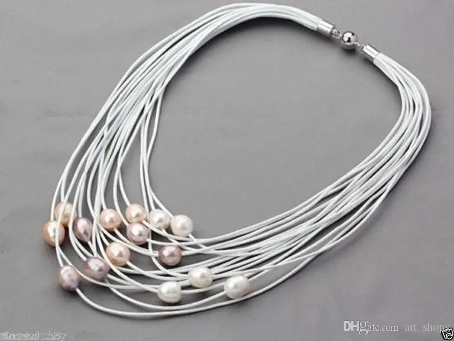 

11-12mm White & pink Freshwater Pearl on Leather Multi-Strand Necklace