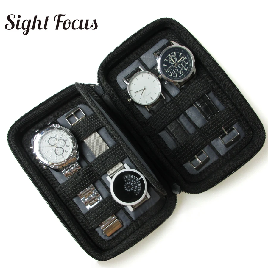Black Hard shell 4 Slot Watch Box Organizer Waterproof Travel Watch Storage Zipper Case Portable Strap band Organizer Bag