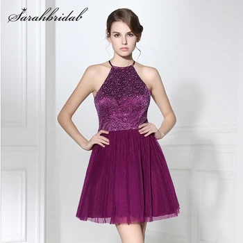 

Short Homecoming Dresses Sexy Keyhole Back Beads Purple Sequins Tull Halter Cheap Formal Party Cocktail Gowns 8th Grade SD352