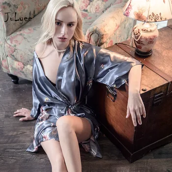 

JULYEE Women Robe Print V-neck Half Sleeve Loose Waist Bandage Nightwear Home Wear Mini Robes